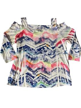 Impulse California White Cold Shoulder Top with  Multicolored Pattern.  Medium P